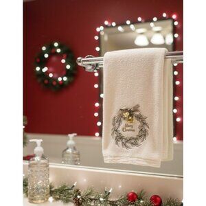 GLITZ + GLIMMER Christmas Hand Towel Wreath Gold Bells Cream Embroidered Holiday